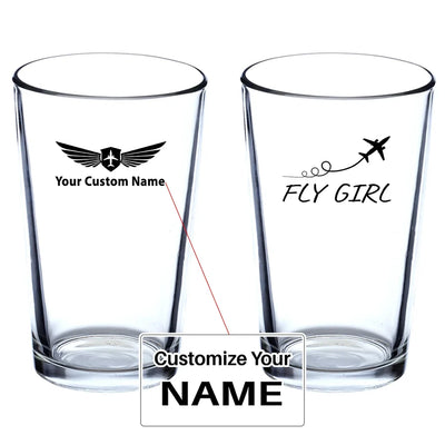 Just Fly It & Fly Girl Beer & aviation design on beer water glass, versatile drinkware.