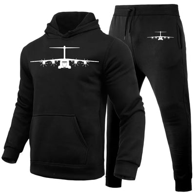 Airbus A400M Silhouette aviation design on soft cotton blend hoodie and sweatpants set.