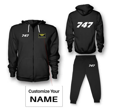 Boeing 747 Flat Text aviation design on soft cotton blend zipped hoodie and sweatpants set.