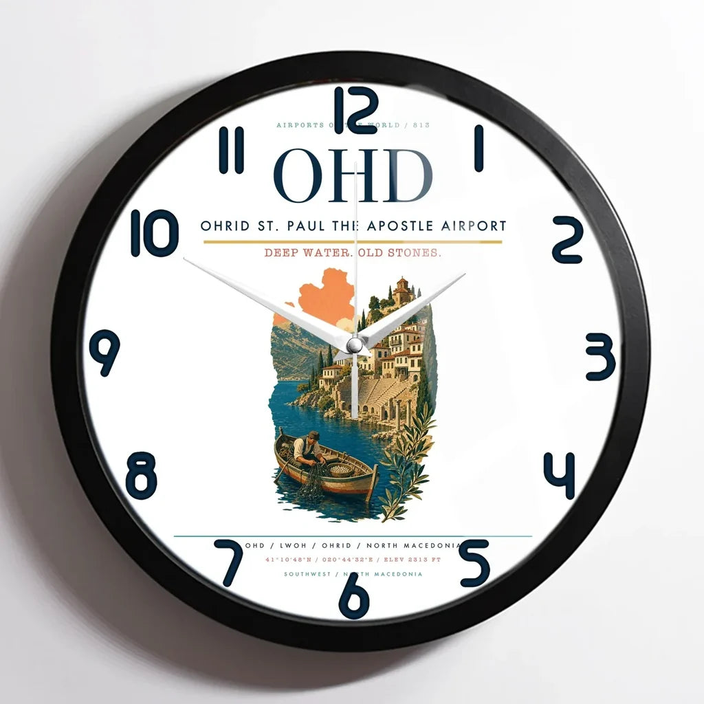 Ohrid St. Paul the Apostle Airport (OHD) design on white framed wall clock