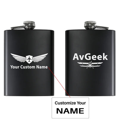Avgeek aviation design on stainless hip flask, compact pocket-size flask.