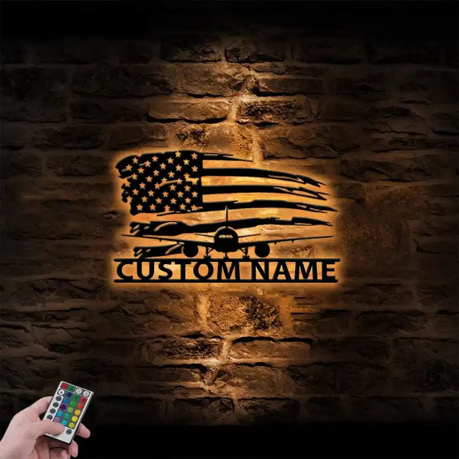 American Flag and Commercial Airliner aviation design on durable metal with LED metal wall art.