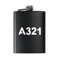Thumbnail for Airbus A321 Flat Text aviation design on stainless hip flask, compact pocket-size flask.