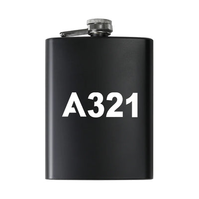 Airbus A321 Flat Text aviation design on stainless hip flask, compact pocket-size flask.