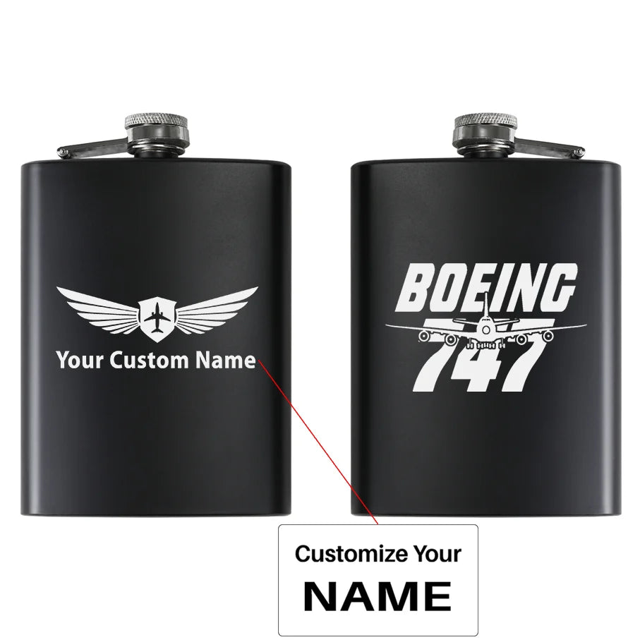 Amazing Boeing 747 aviation design on stainless hip flask, compact pocket-size flask.