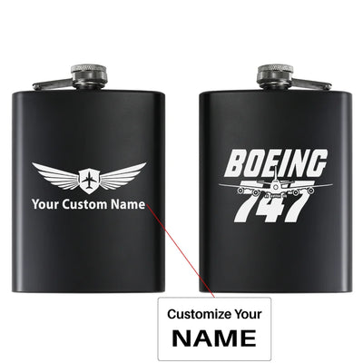 Amazing Boeing 747 aviation design on stainless hip flask, compact pocket-size flask.