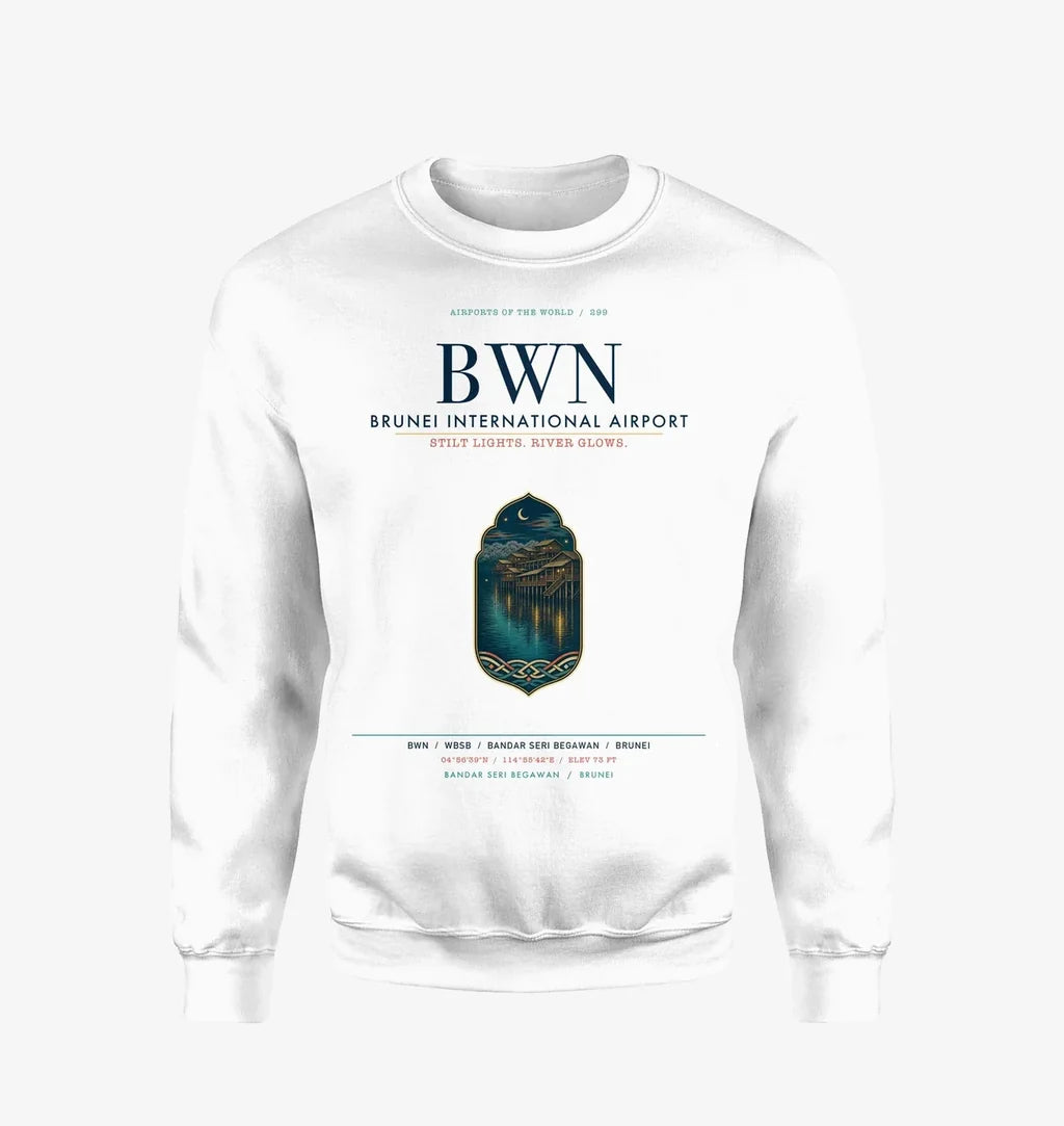 Brunei International Airport Bandar Seri Begawan (BWN) design on white sweatshirt