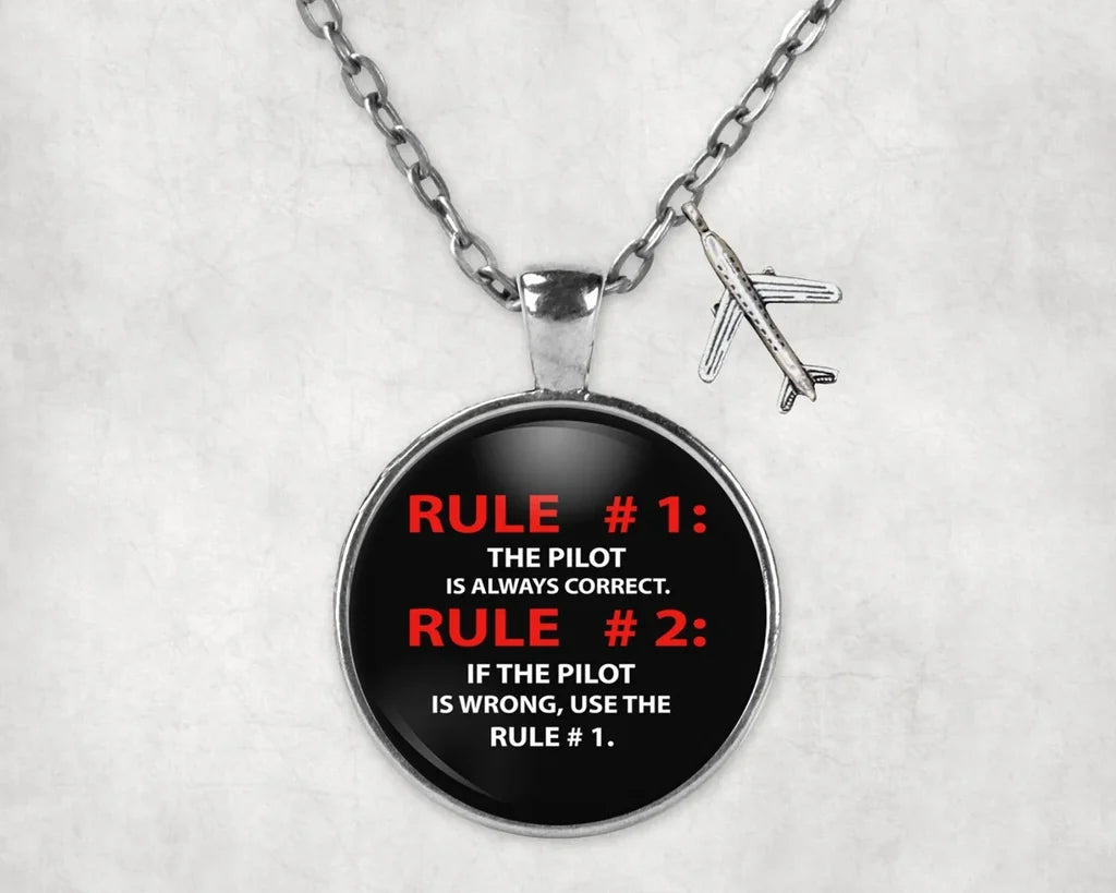 Side view of Rule 1 - Pilot is Always Correct aviation necklace in stainless steel, polished finish.