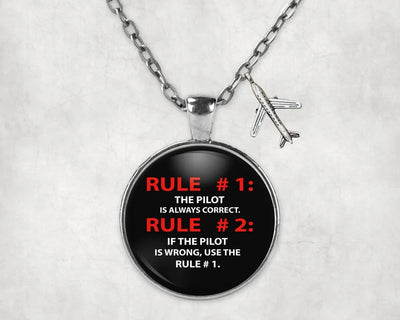Side view of Rule 1 - Pilot is Always Correct aviation necklace in stainless steel, polished finish.