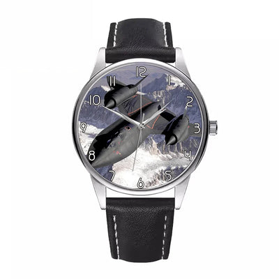 Side view of Supersonic Fighter aviation watch with leather strap in leather strap, polished finish.
