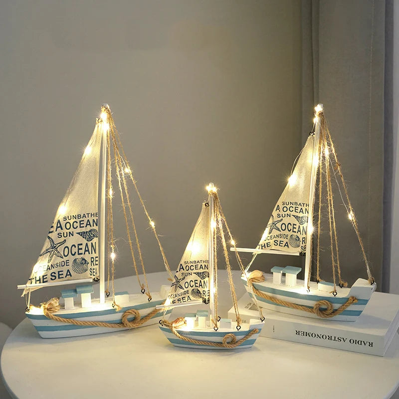 Side view of Conch LED Nautical Wooden Sailboat Model Ornament aviation model ship in diecast metal or wood with detailed par.
