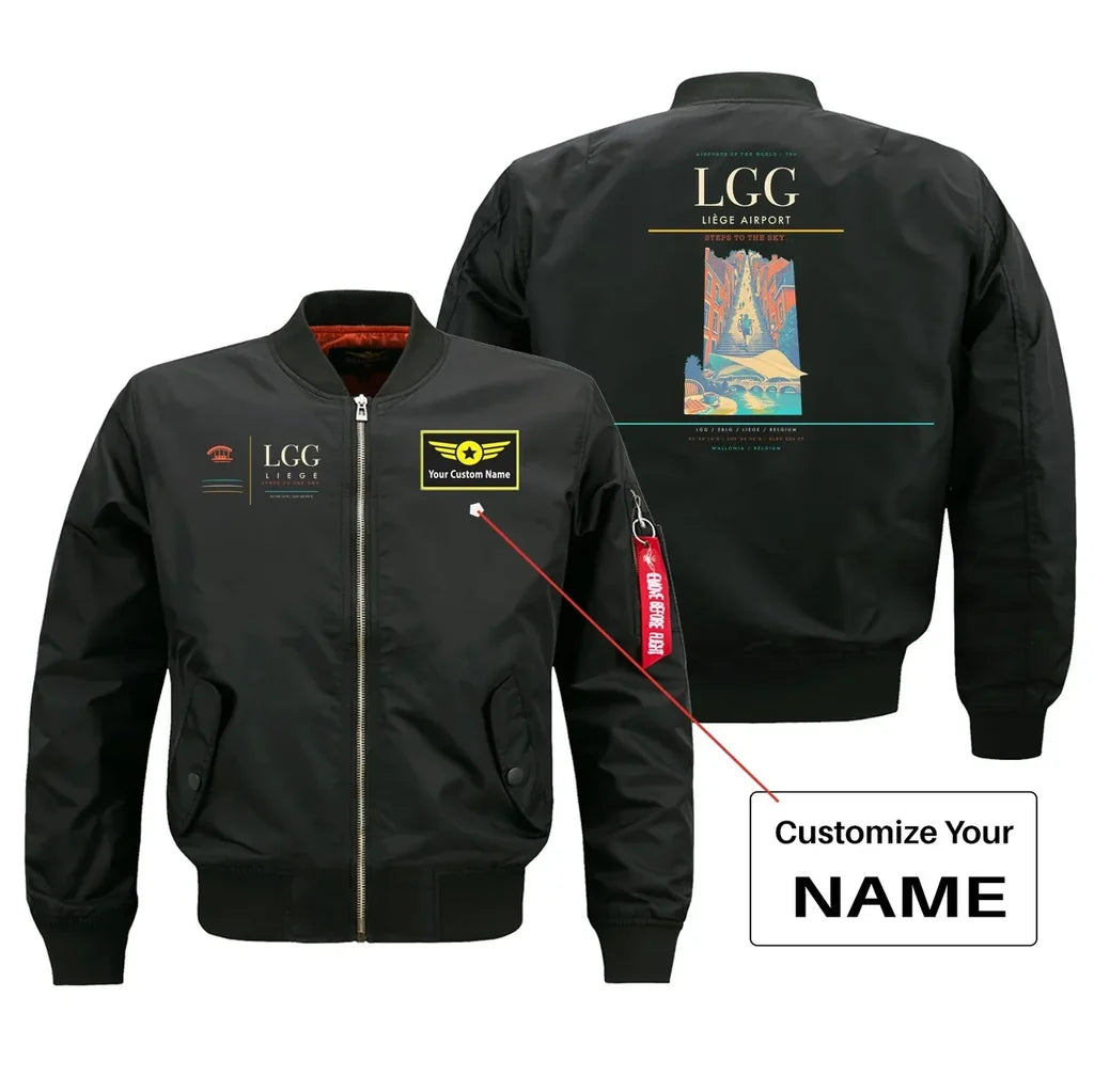 Liège Airport (LGG) design on black bomber jacket with custom name patch