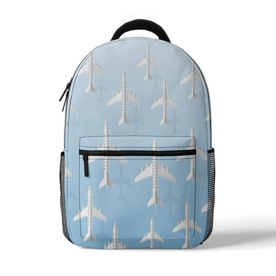 White Seamless Airplanes & Shadows aviation print backpack, durable polyester.