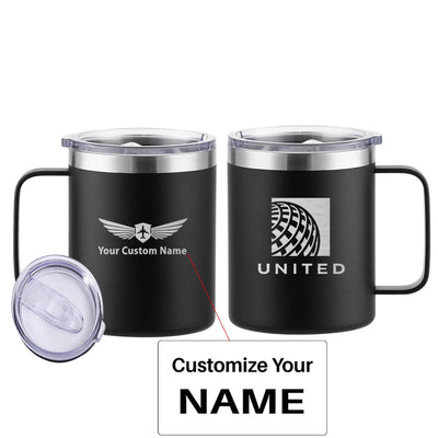 United Airlines aviation design on laser-engraved mug, permanent laser engraving on stainless.