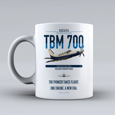 Socata TBM 700 design on white ceramic mug, double-side print