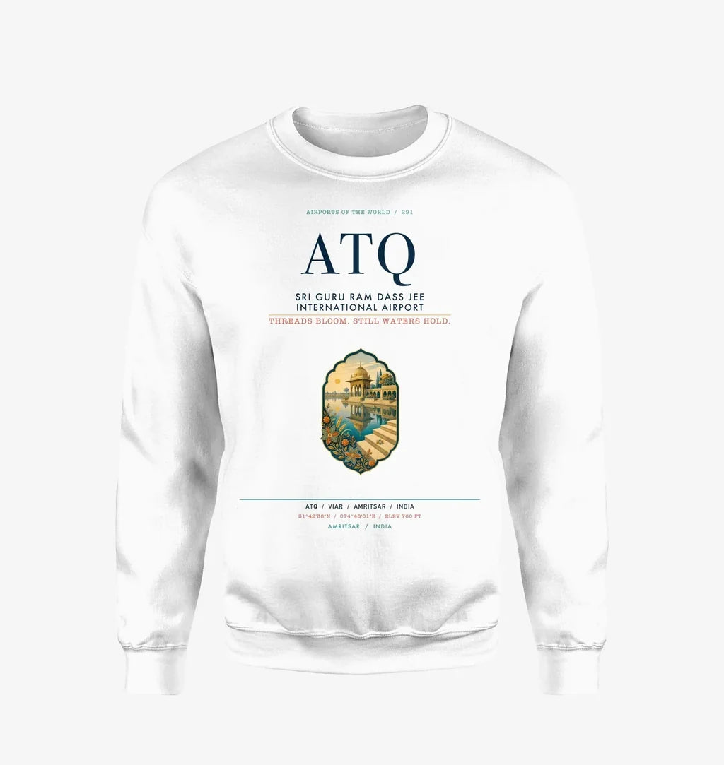 Sri Guru Ram Dass Jee International Airport Amritsar (ATQ) design on white sweatshirt