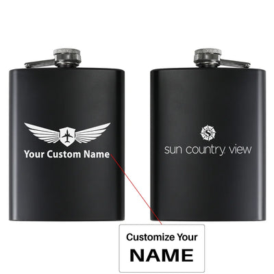 Sun Country Airlines aviation design on stainless hip flask, compact pocket-size flask.