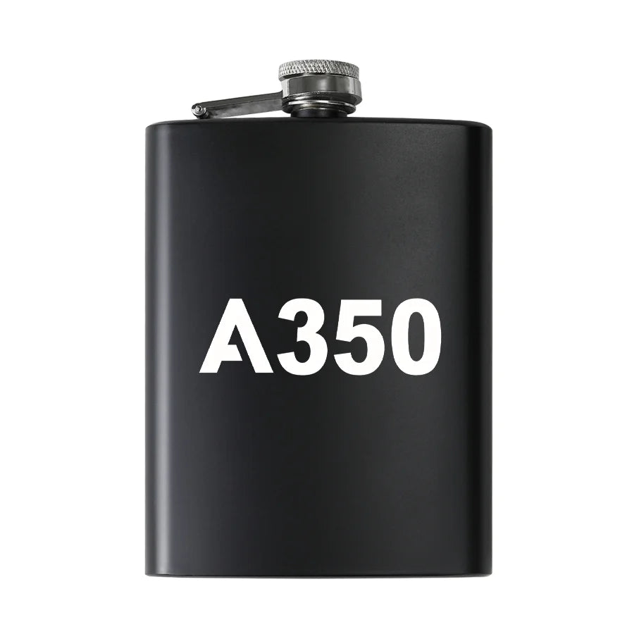Airbus A350 Flat Text aviation design on stainless hip flask, compact pocket-size flask.