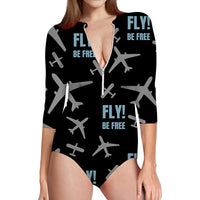 Thumbnail for Fly Be Free Black aviation design on stretch swim fabric deep-V swim bodysuit.