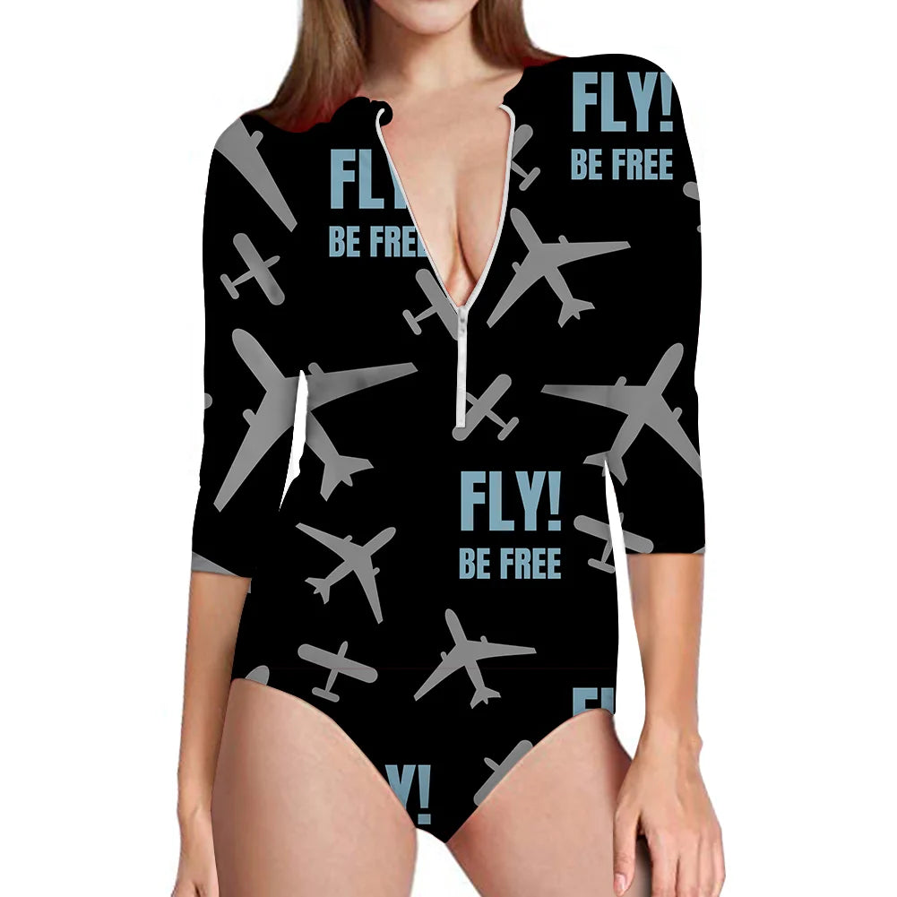 Fly Be Free Black aviation design on stretch swim fabric deep-V swim bodysuit.