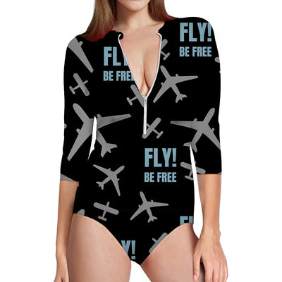 Fly Be Free Black aviation design on stretch swim fabric deep-V swim bodysuit.