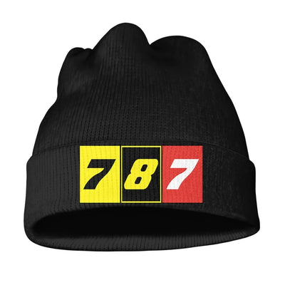 Flat Colourful 787 aviation embroidery on soft knit fabric 3D knit beanie.