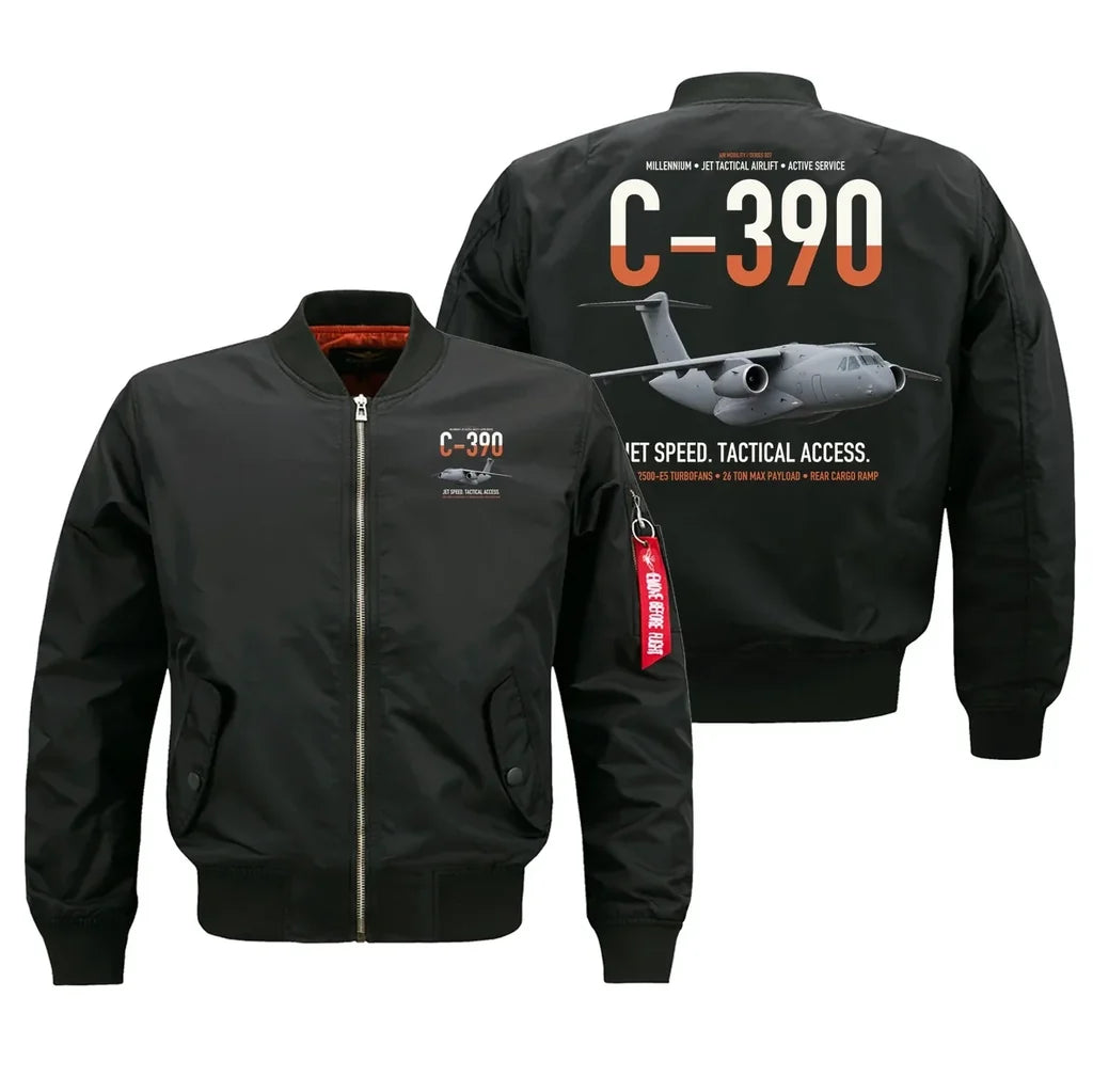 C-390 Millennium design on black bomber jacket, double-side print