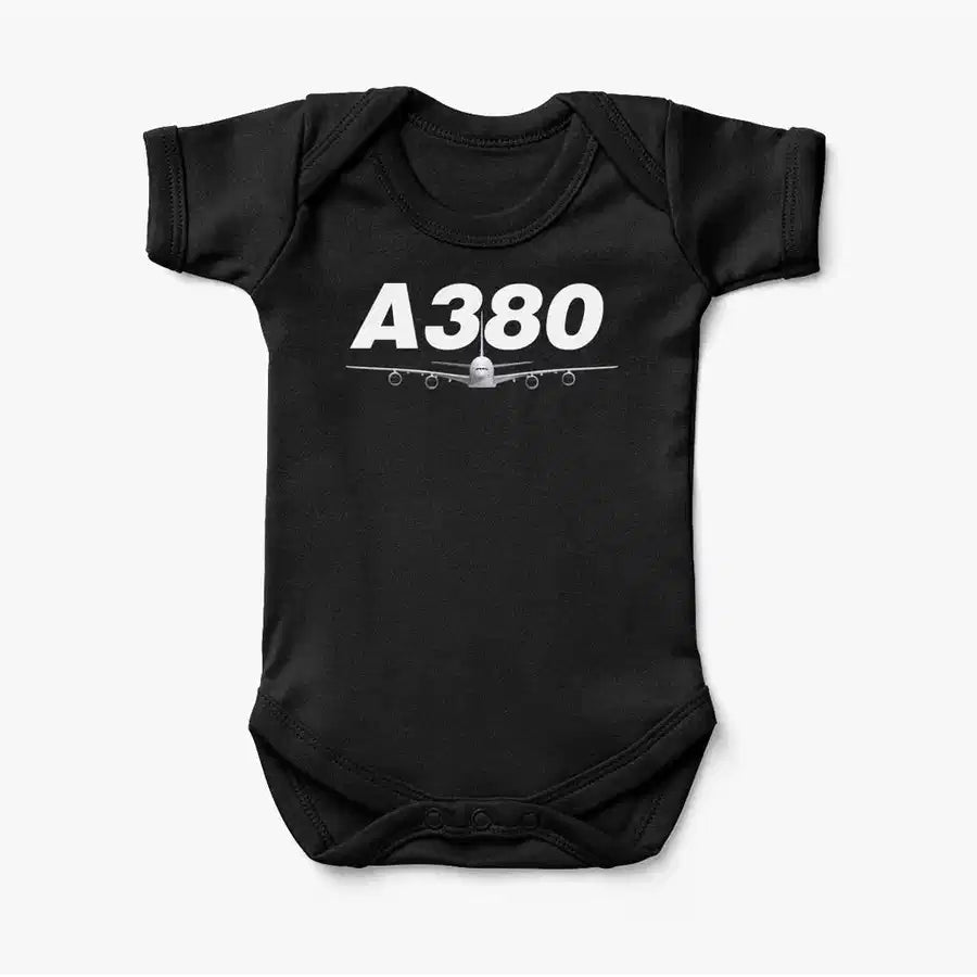Super Airbus A380 aviation print on kids gentle cotton bodysuit.