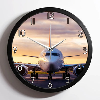 Face to Face with Boeing 737-800 During Sunset aviation design on premium wood and metal wall clock.