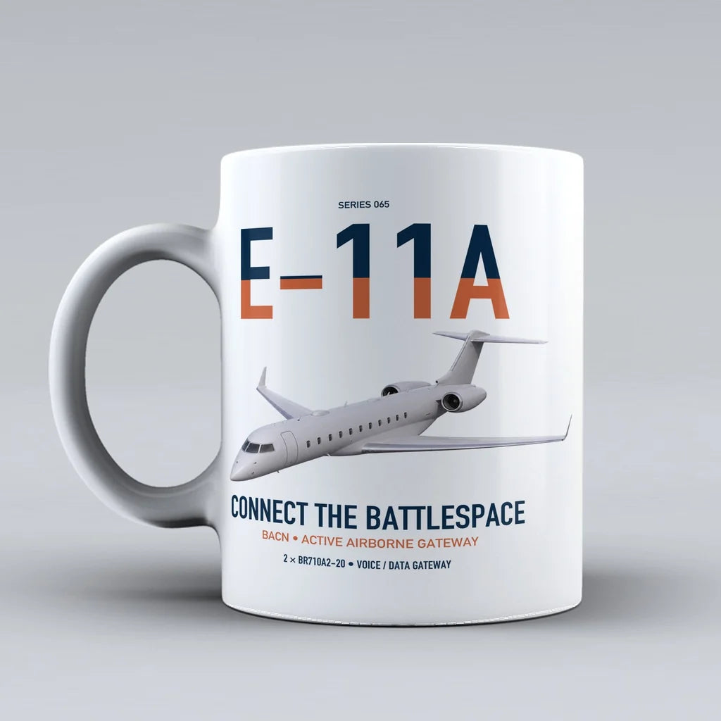 E-11A BACN design on white ceramic mug, double-side print