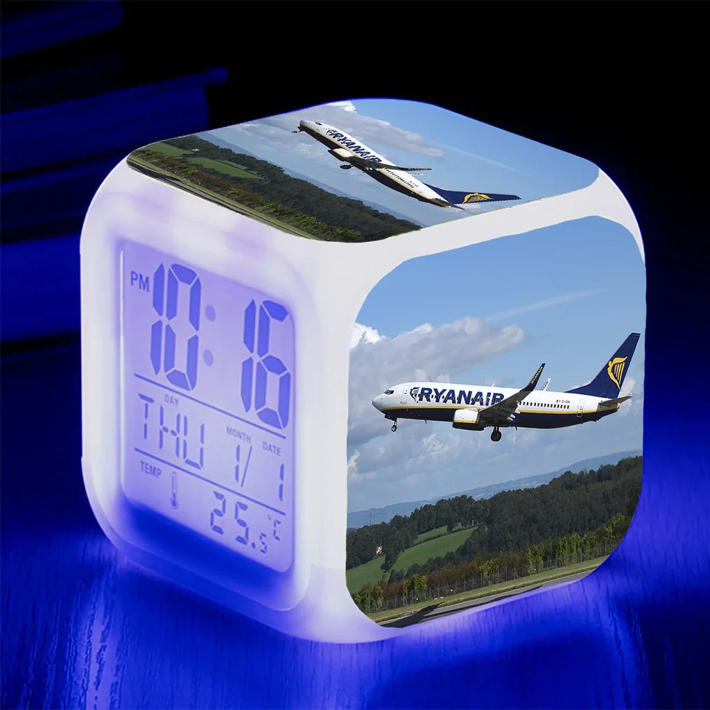 Departing Ryanair's Boeing 737 "7 Colour" Digital Alarm aviation themed table clock, premium wood and metal.