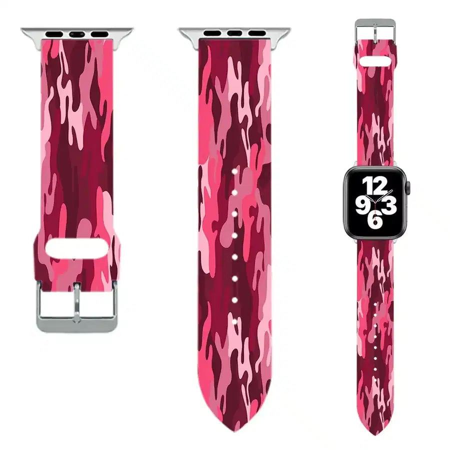 Military Camouflage Red aviation-themed Apple Watch band, polished soft silicone.