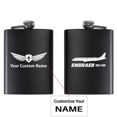 The Embraer ERJ-190 aviation design on stainless hip flask, compact pocket-size flask.