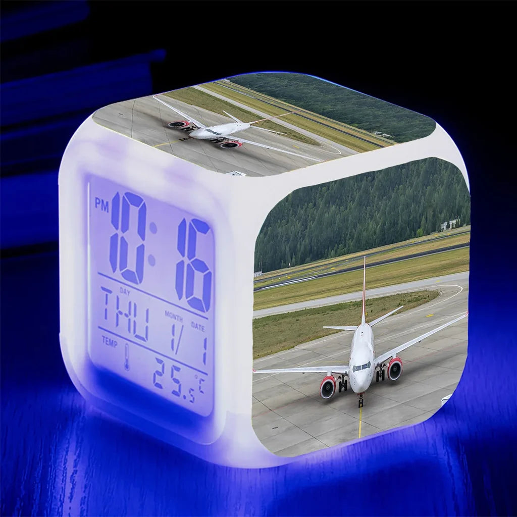 Face to Face with Boeing 737 "7 Colour" Digital Alarm aviation design on premium wood and metal table clock.
