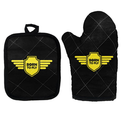 Born To Fly & Badge Kitchen Glove & Holder aviation design on durable fabric with insulated lining kitchen glove holder.