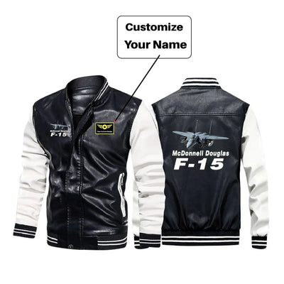 The McDonnell Douglas F15 aviation design printed on genuine leather with modern tailored fit stylish leather jacket.