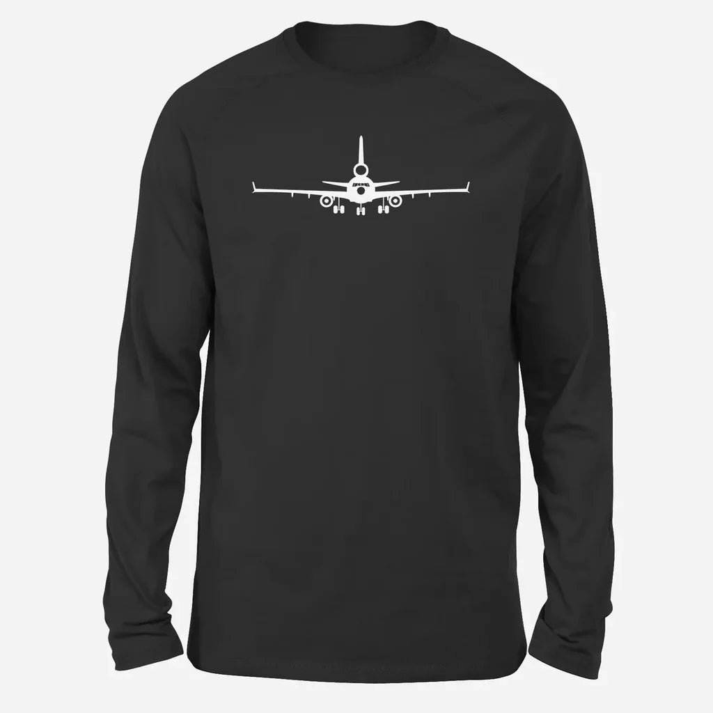 McDonnell Douglas MD-11 Silhouette Plane Long-Sleeve aviation design printed on soft cotton long-sleeve T-shirt.