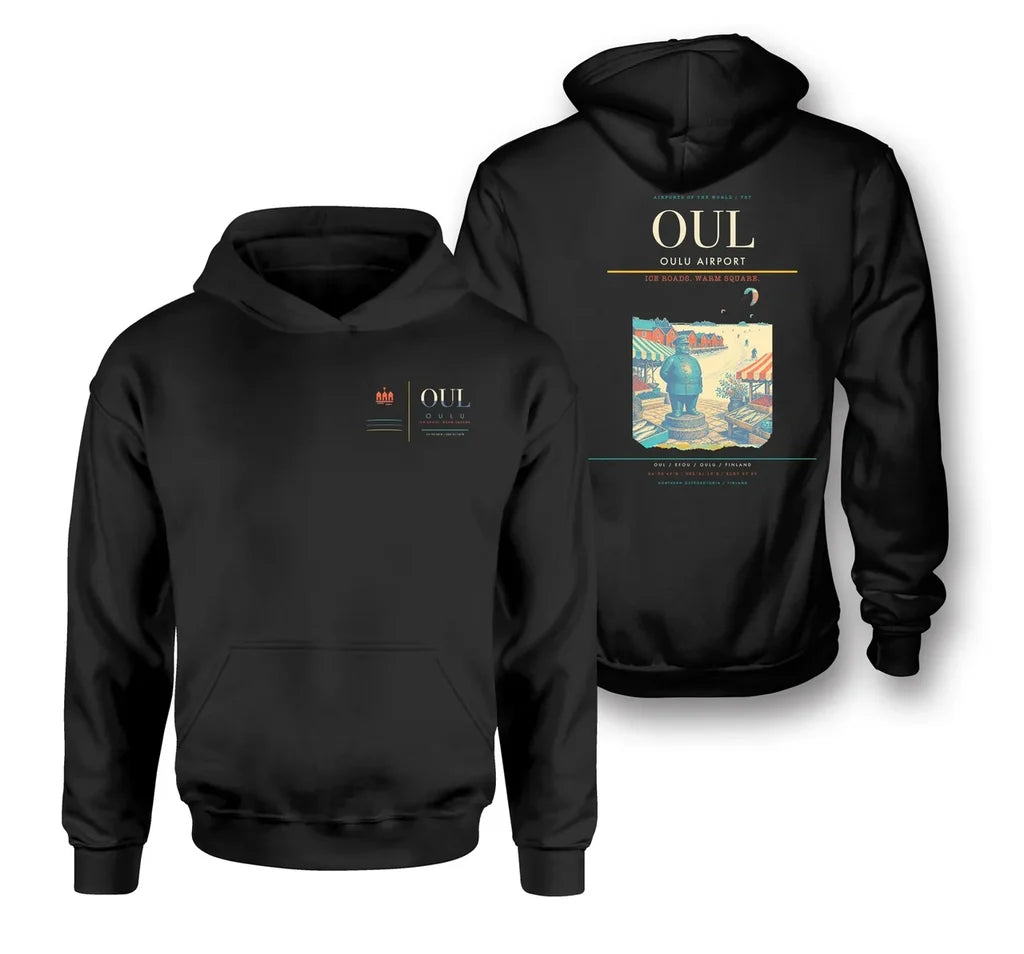 Oulu Airport (OUL) design on black double-side hoodie