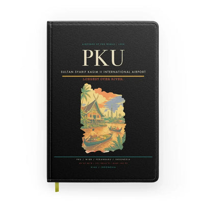 Sultan Syarif Kasim II International Airport (PKU) design on black notebook