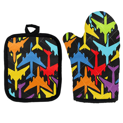 Super Colourful Airplanes Kitchen Glove & Holder aviation design on durable fabric with insulated lining kitchen glove holder.