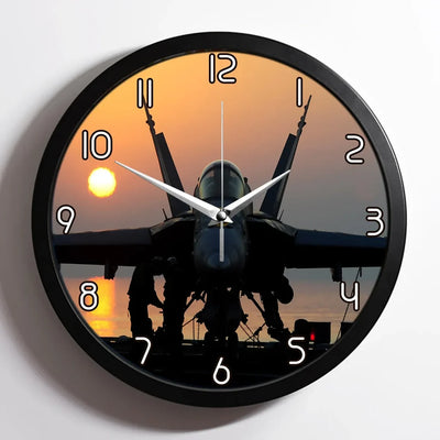 Military Jet During Sunset aviation design on premium wood and metal wall clock.