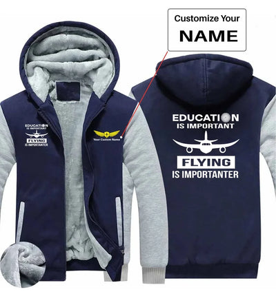 Flying is Importanter aviation design printed on soft cotton blend zipped sweatshirt.