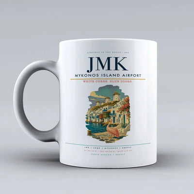 Mykonos Island Airport (JMK) airport code design on white ceramic mug