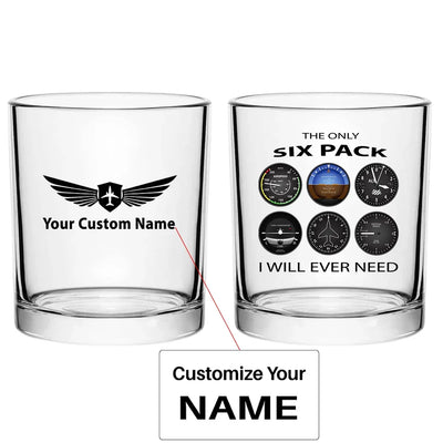 The Only Six Pack I Will Ever Need aviation design on whiskey glass, special-edition crystal cut.