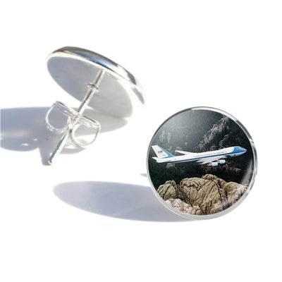 Cruising United States of America Boeing 747 Printed Pillows aviation-themed stud earrings, polished stainless steel.