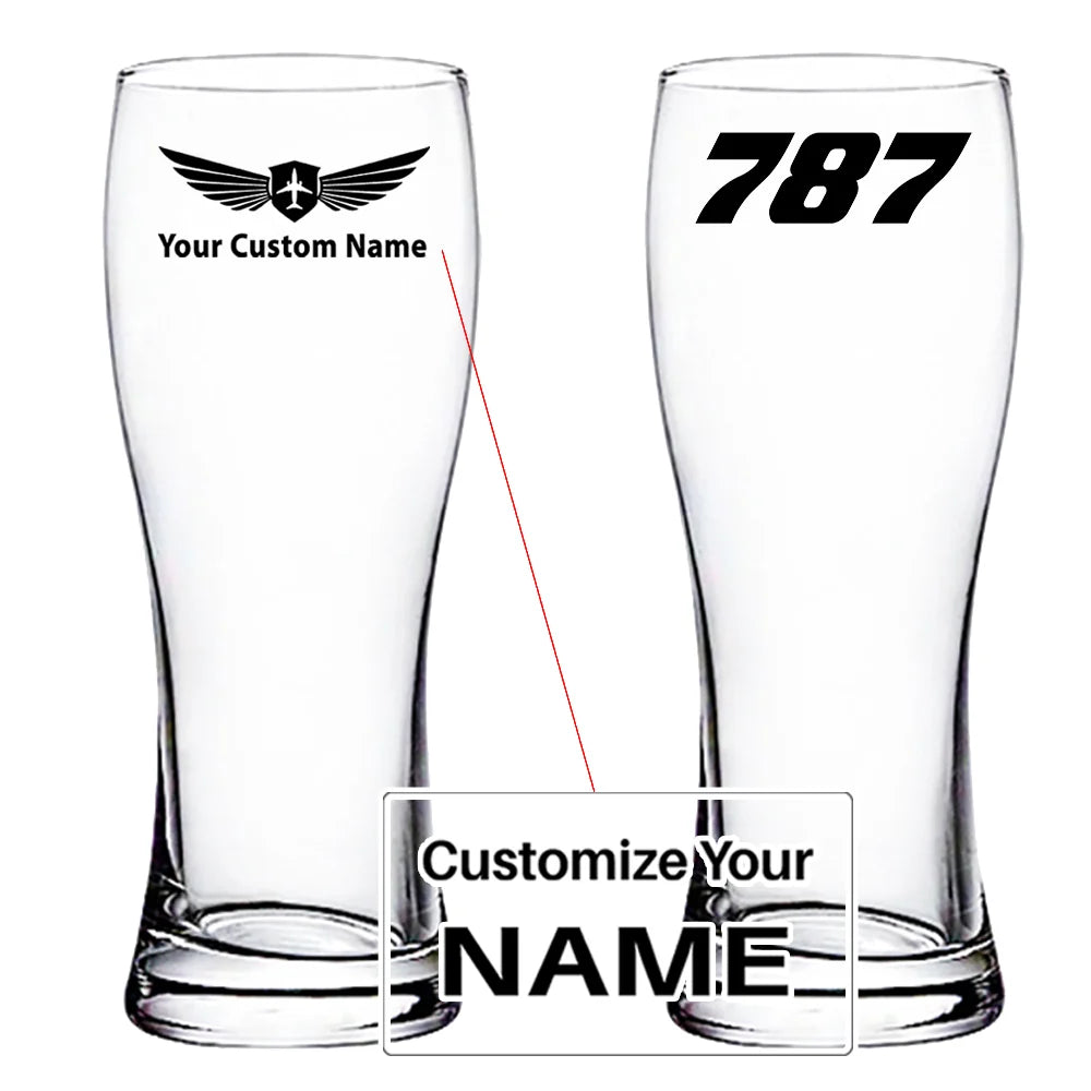 Boeing 787 Flat Text aviation design on pilsner glass, tall pilsner glassware.