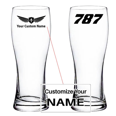 Boeing 787 Flat Text aviation design on pilsner glass, tall pilsner glassware.