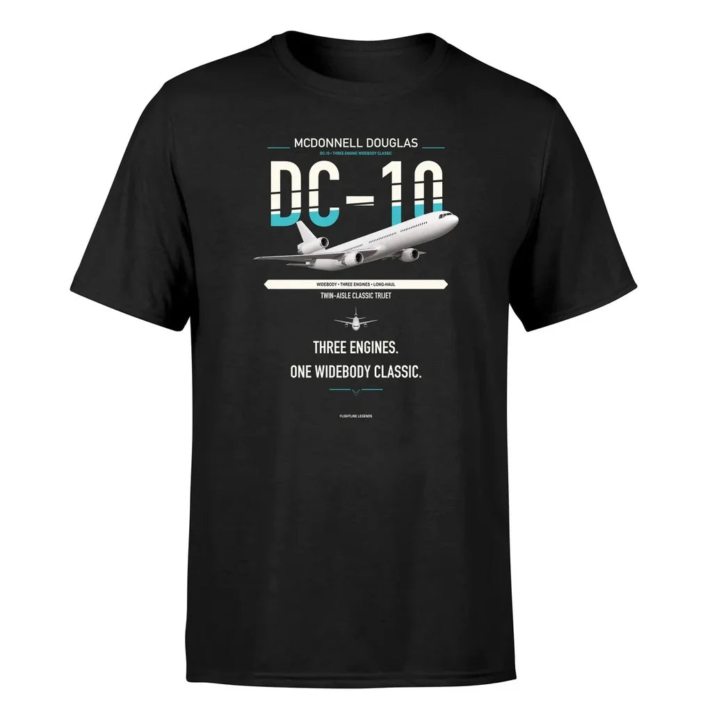McDonnell Douglas DC-10 design on black double-side t-shirt, single-side print