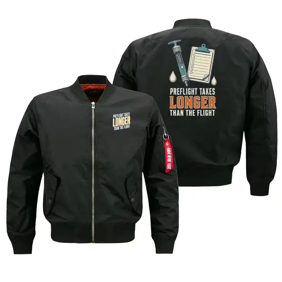 SIGNAL 469 - Preflight Takes Longer Than The Flight - Bomber Jacket design on black bomber jacket