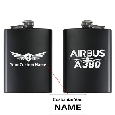 Amazing Airbus A380 aviation design on stainless hip flask, compact pocket-size flask.